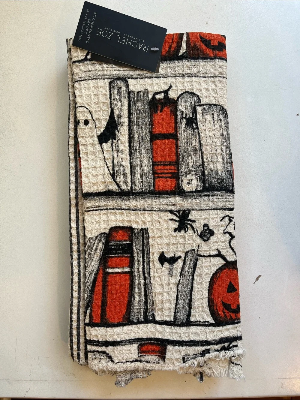 Rachel Zoe Halloween Kitchen Towel Set Ghost, Books, Pumpkins, Spiders